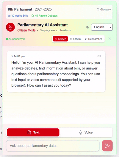 AI Assistant Demo - Voice interaction and parliamentary data analysis